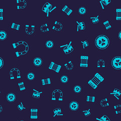 Set Horseshoe, Golden leprechaun coin, Drum with drum sticks and Accordion on seamless pattern. Vector