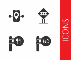 Set Toilet, Route location, Cafe and restaurant and Railroad crossing icon. Vector