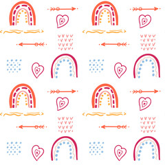 Fototapeta na wymiar A cute pattern of rainbows, textures, arrows and hearts in boho style! Ideal for printing on fabric, clothing, wallpaper, gift paper and packaging