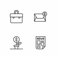 Set line News, Dollar plant, Briefcase and Mail and e-mail icon. Vector