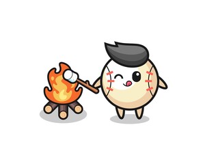 baseball character is burning marshmallow