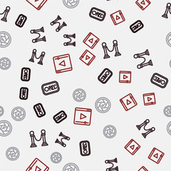 Set line Record button, Rope barrier, Camera shutter and Online play video on seamless pattern. Vector