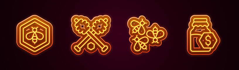 Set line Bee and honeycomb, Honey dipper stick, Bees and Sale in jar of. Glowing neon icon. Vector