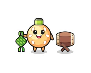 sesame ball muslim character are celebrating Eid Al Fitr