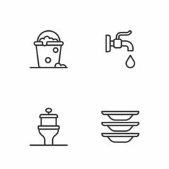 Set line Washing dishes, Toilet bowl, Bucket with foam and bubbles and Water tap icon. Vector