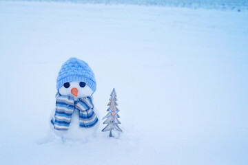 Little cute snowman with a Christmas tree in a blue knitted hat and scarf on the snow on a winter...