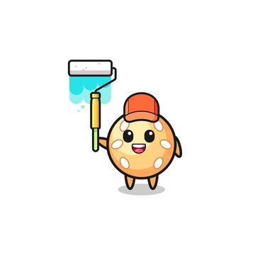 the sesame ball painter mascot with a paint roller