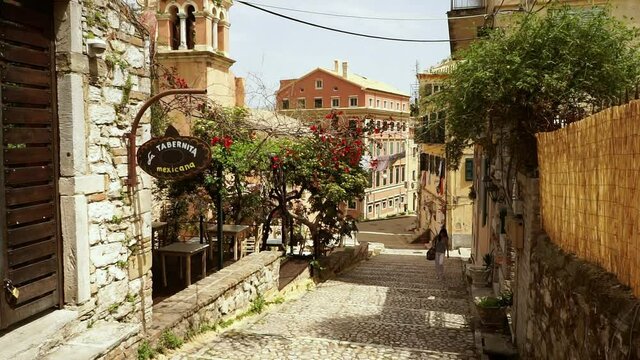 Old town streets of corfu town on the island of corfu in greece with mediterranean architecture