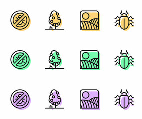Set line Agriculture wheat field farm, Stop colorado beetle, Fruit tree and Colorado icon. Vector