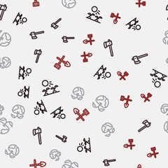 Set line Plant sprouts grow in the sun, Wooden axe, Apple and Shovel and rake on seamless pattern. Vector