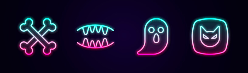 Set line Crossed bones, Vampire teeth, Ghost and Black cat. Glowing neon icon. Vector