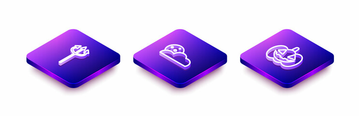 Set Isometric line Trident devil, Moon and stars and Pumpkin icon. Vector