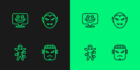 Set line Frankenstein face, Voodoo doll, Happy Halloween holiday and Vampire icon. Vector
