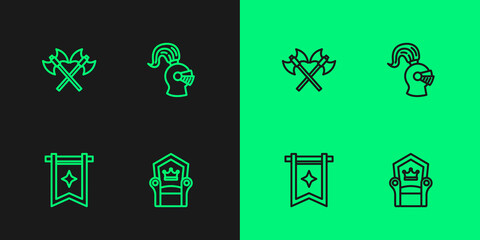 Set line Medieval throne, flag, Crossed medieval axes and helmet icon. Vector