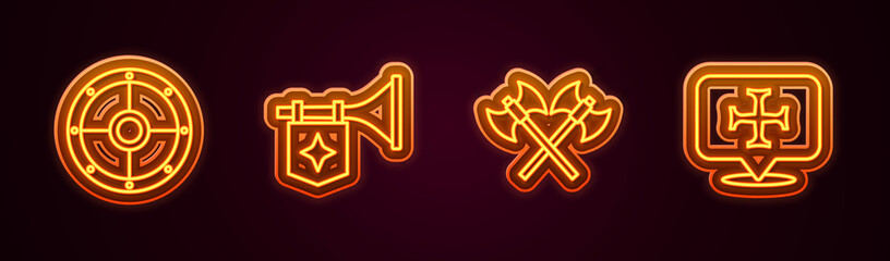 Set line Round shield, Trumpet with flag, Crossed medieval axes and Crusade. Glowing neon icon. Vector