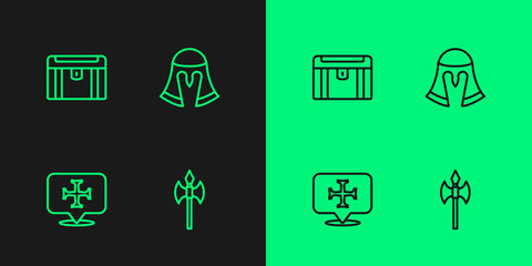 Set line Medieval axe, Crusade, Antique treasure chest and helmet icon. Vector
