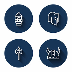 Set line Castle tower, Medieval helmet, axe and Viking in horned with long shadow. Blue circle button. Vector