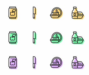 Fototapeta premium Set line Round the clock delivery, Soda can, Knife and Online ordering food icon. Vector