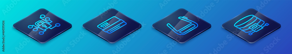 Poster set isometric line smart glasses on spectacles, cyber security, cloud database and credit card icon.