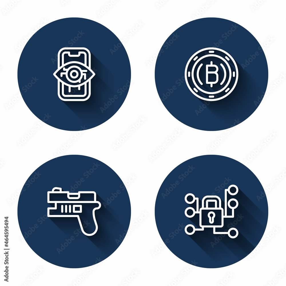Poster set line computer vision, cryptocurrency coin bitcoin, futuristic weapon and cyber security with lon