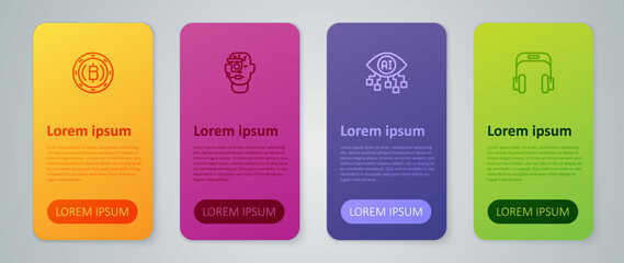 Set line Computer vision, Headphones, Cryptocurrency coin Bitcoin and Smart glasses spectacles. Business infographic template. Vector
