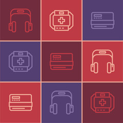 Set line Headphones, Credit card and First aid kit icon. Vector