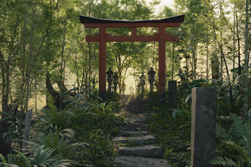 3d rendering of an old natural path in front of torii gate and stone lantern in the evening sunlight. Concept abandoned Japanese shrine