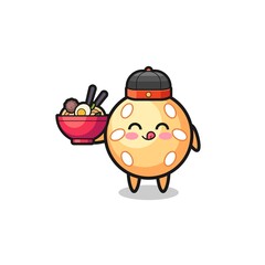 sesame ball as Chinese chef mascot holding a noodle bowl