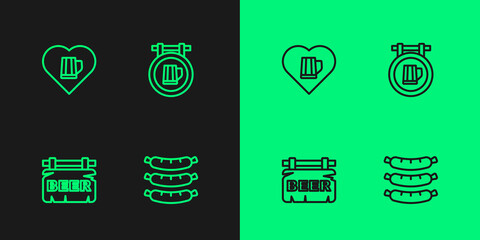 Set line Sausage, Street signboard with Beer, Heart glass of beer and icon. Vector
