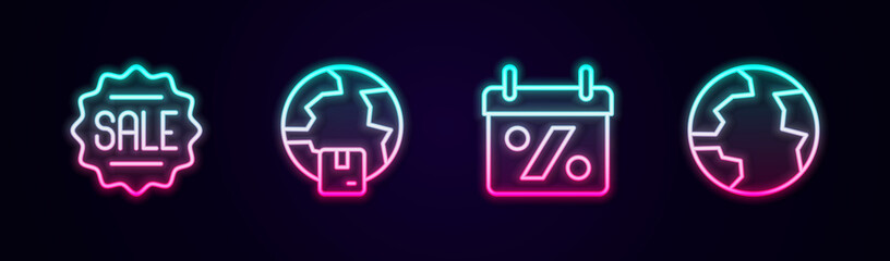 Set line Price tag with Sale, Worldwide shipping, Discount percent and . Glowing neon icon. Vector