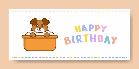 Happy Birthday banner with Cute dog cartoon character. Vector Illustration