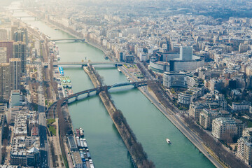 Aerial view of the river Seine. Paris cityscape. Aerial view from the Eiffel Tower