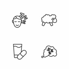 Set line Sleepy, Sleeping pill, Dreams and Sheep icon. Vector