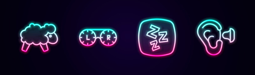 Set line Sheep, Contact lens container, Sleepy and Earplugs and ear. Glowing neon icon. Vector
