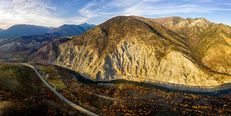 Unique, elevated perspective view of the panorama of Thompson river between Lytton and Spences Bridge