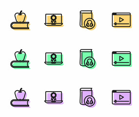 Set line Audio book, Book with apple, Online education diploma and play video icon. Vector