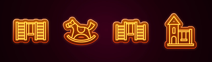 Set line Swedish wall, Horse in saddle swing, and Swing for kids. Glowing neon icon. Vector