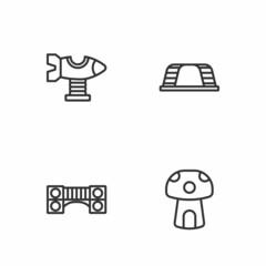 Set line Mushroom house, Playground kids bridge, Swing plane and Monkey bar icon. Vector