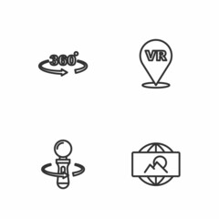 Set line Wide angle picture, VR controller game, 360 degree view and Virtual reality icon. Vector