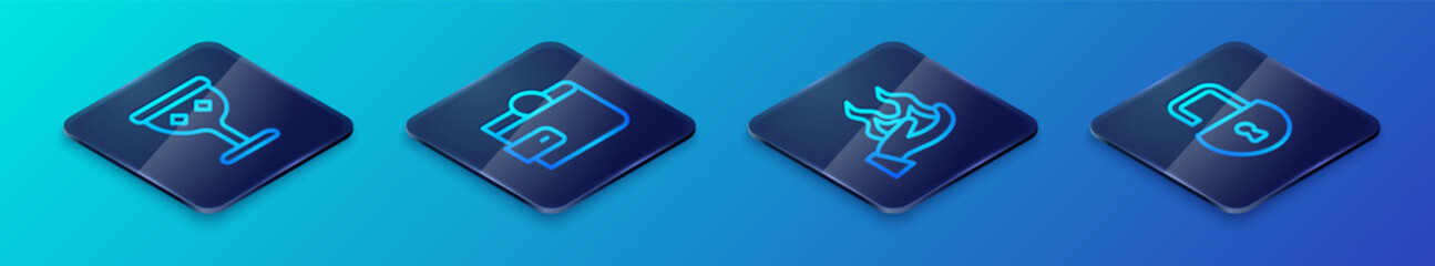 Set Isometric line Hand holding fire, Medieval goblet, Open padlock and Wallet icon. Vector