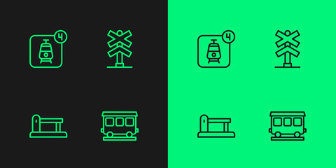 Set line Passenger train cars, Railway barrier, Online ticket booking and Railroad crossing icon. Vector