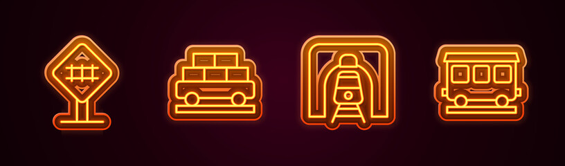 Set line Railroad crossing, Cargo train wagon, Train railway tunnel and Passenger cars. Glowing neon icon. Vector