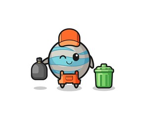 the mascot of cute planet as garbage collector