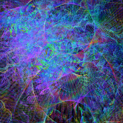 Creación de arte digital abstracto compuesto por trazos coloridos y enmarañados que simulan un mundo imaginario de estructuras de neón.