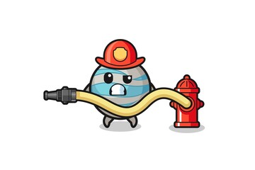 planet cartoon as firefighter mascot with water hose