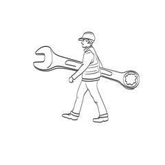 walking construction worker holding large wrench in hand illustration vector isolated on white background line art.