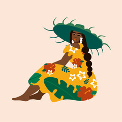 Illustration of island woman wearing tropical floral dress sitting
