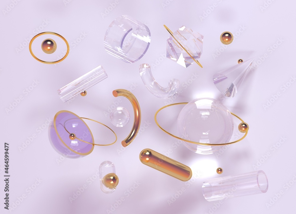 Poster minimalistic 3d composition of figures: torus, cone, prism, sphere and icosahedron. abstract geometr