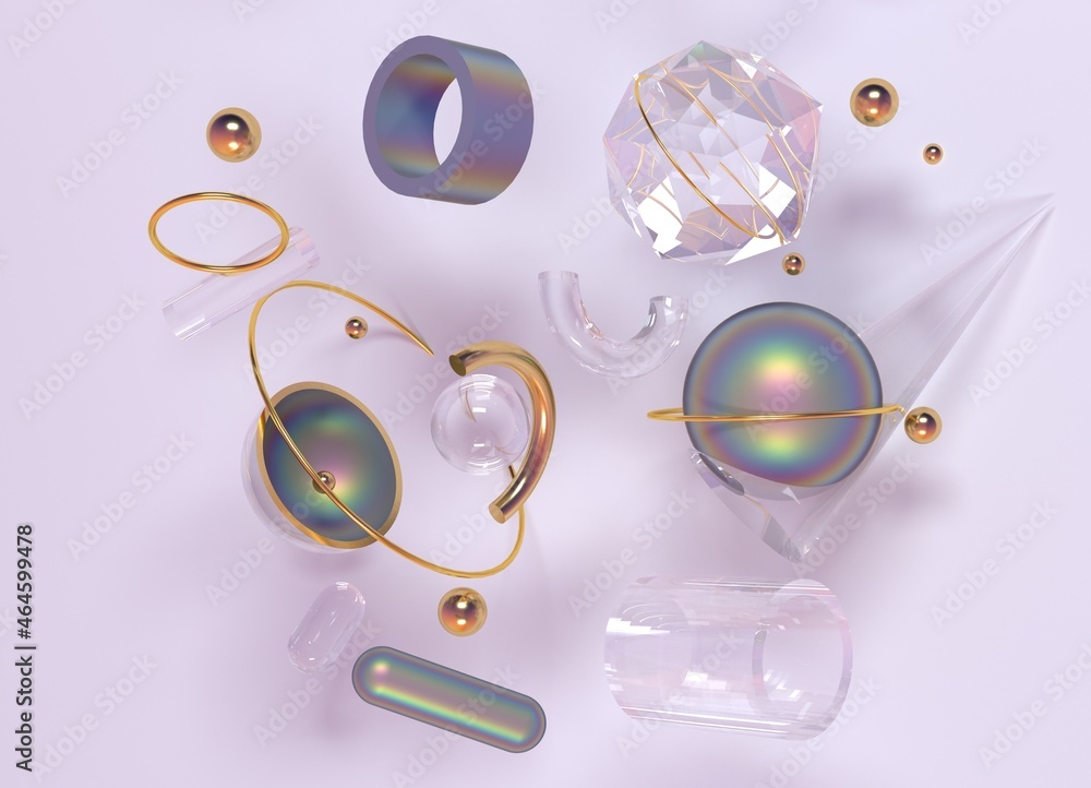 Poster minimalistic 3d composition of figures: torus, cone, prism, sphere and icosahedron. abstract geometr