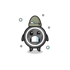 cute cartoon hockey puck with shivering expression
